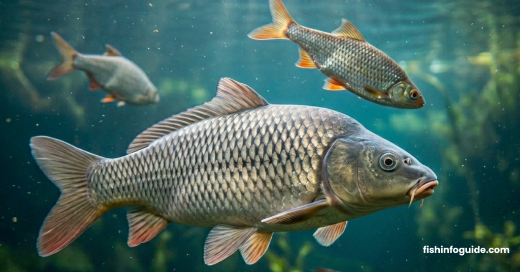 fresh common carp fish in clean freshwater lake natural realistic image