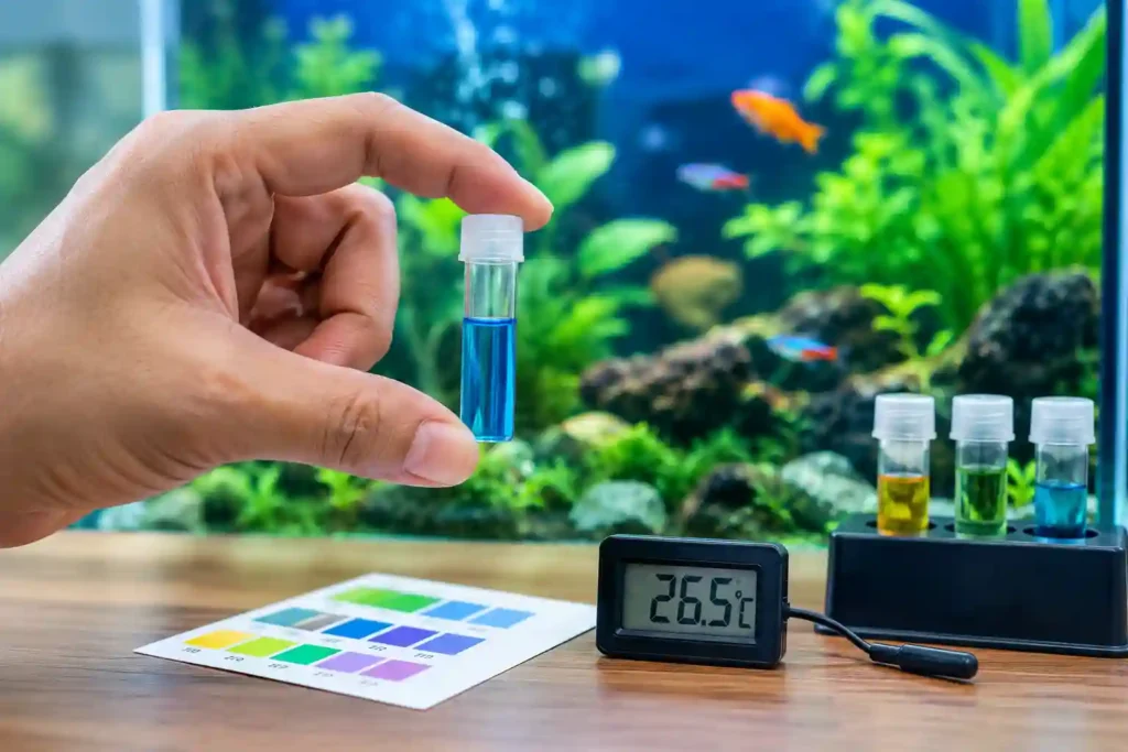 Hand testing aquarium water parameters with a liquid test kit to prevent common aquarium fish diseases