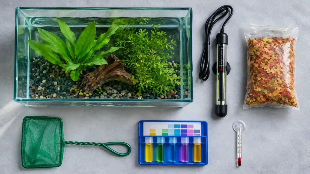 Aquarium setup checklist showing tank, heater, water test kit and fish food for choosing beginner aquarium fish