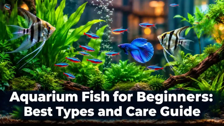 Colorful freshwater aquarium fish including neon tetra, angelfish and betta fish in a planted beginner aquarium tank