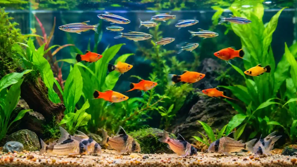 Peaceful community aquarium fish tank with danios, corydoras catfish and platies swimming together