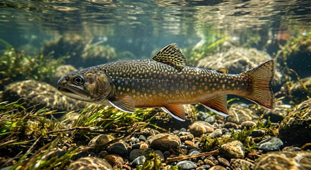 Freshwater fish swimming in clear water with natural aquatic plants and detailed scales.