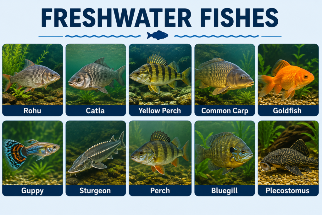 Freshwater fish swimming in clear water with natural aquatic plants and detailed scales.