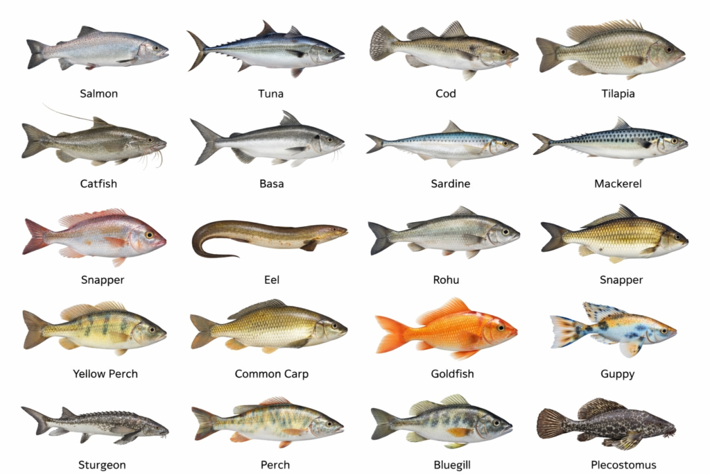 Aquarium fish types – goldfish, guppy, angelfish in home aquarium tank