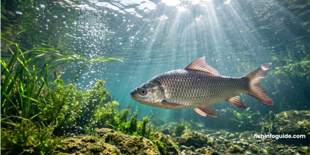 Rohu fish (Labeo rohita) in clear water with natural coloring" "Freshwater Rohu fish swimming with aquatic plants background" "Detailed illustration of Rohu fish, scales and fins visible" "Rohu fish infographic with facts and species name"