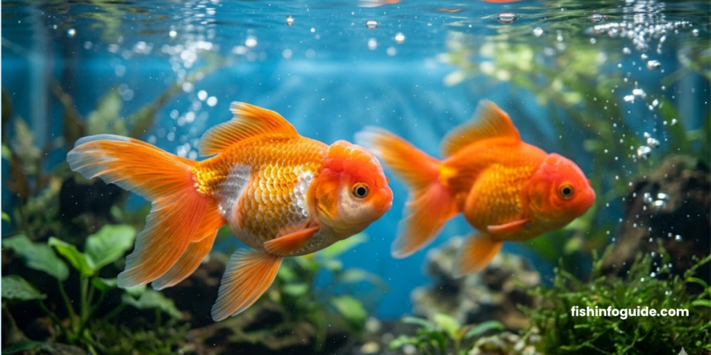 Goldfish swimming in a clean aquarium with vibrant colors Close-up of a fancy goldfish showing flowing fins and bright colors Common goldfish swimming in a garden pond with clear water