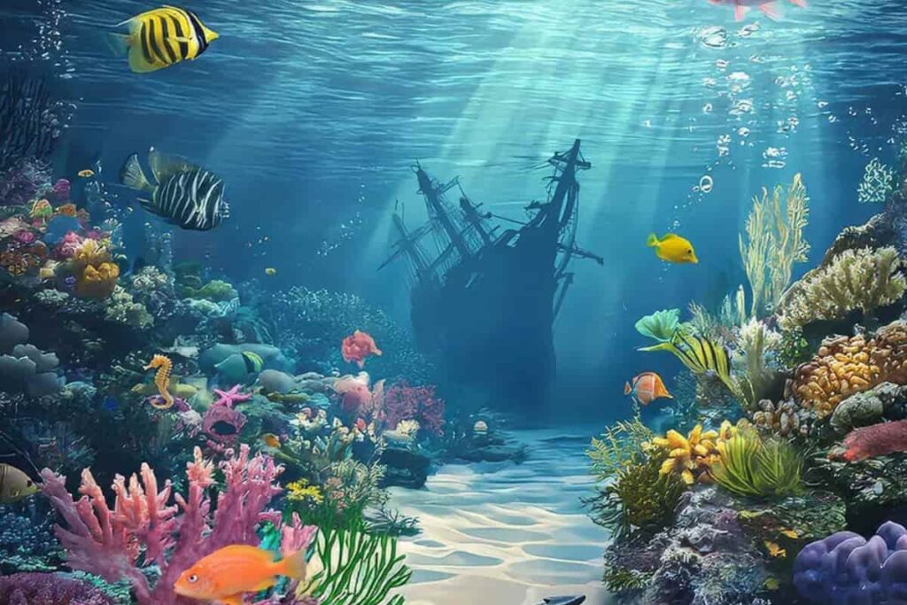 Saltwater fish such as sailfish, marlin, clownfish and shark in ocean habitat