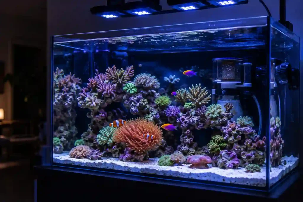 Home saltwater aquarium setup with live rock, coral, and reef fish showing proper tank basics