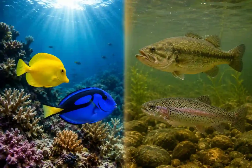 Split comparison image of saltwater coral reef fish versus freshwater river fish habitats