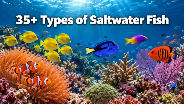 Colorful saltwater fish species swimming together on a vibrant coral reef, featured image for types of saltwater fish guide