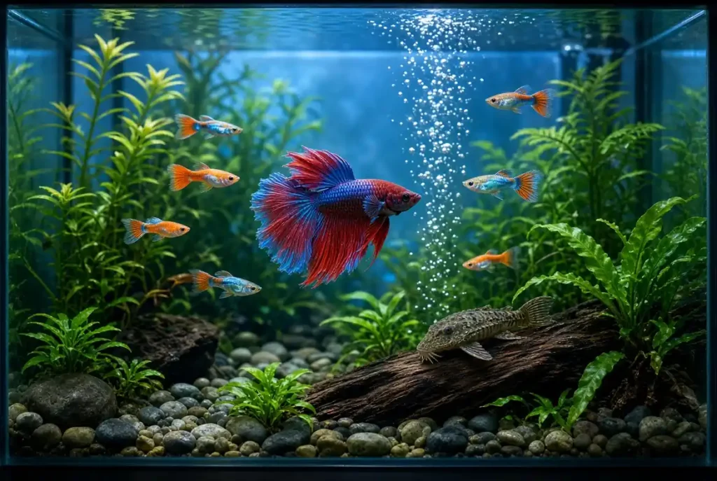 "Colorful beginner freshwater aquarium fish including Betta, Guppy, and Plecostomus in a planted tank"