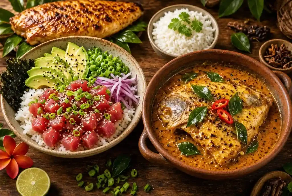 "Hawaiian ahi poke bowl and Indian fish curry showing regional edible fish dishes"