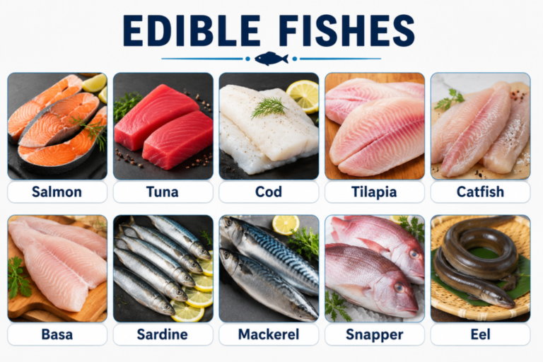 Different types of edible fish including freshwater and saltwater species rich in protein and omega-3