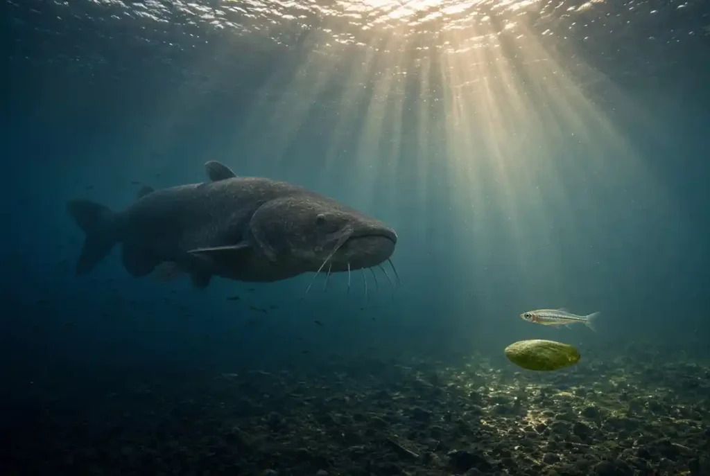 "Size comparison of the largest and smallest freshwater fish, giant catfish versus tiny minnow"