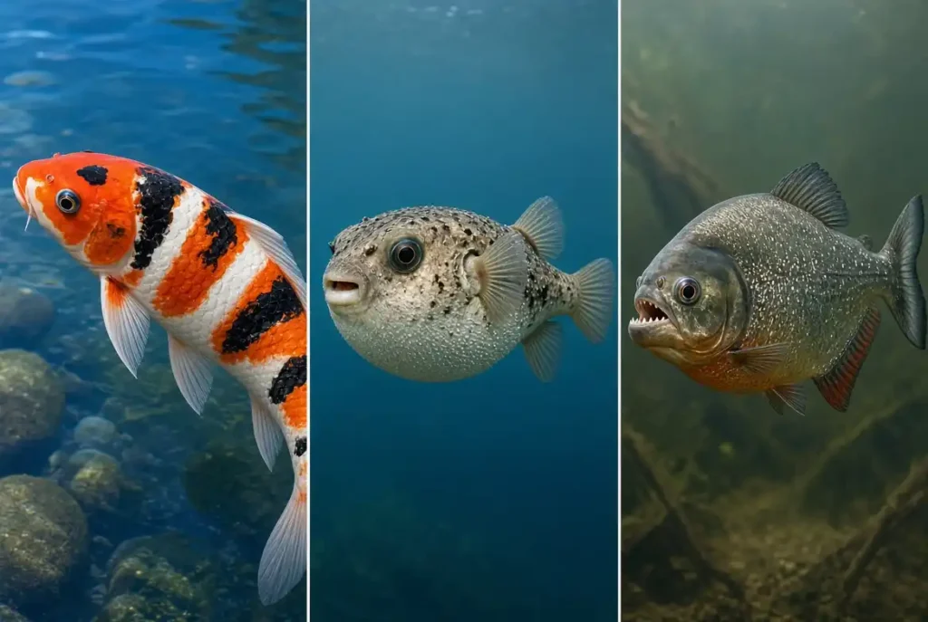 Koi, puffer fish, and piranha shown as examples of unusual edible fish types"