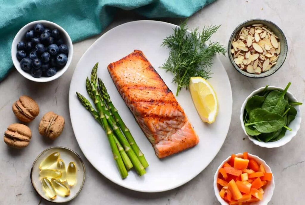 Grilled salmon fillet with nutrition rich ingredients showing protein and omega 3 content