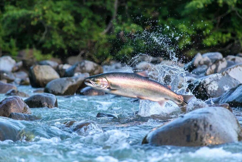 Wild salmon fish leaping upstream during its natural migration life cycle