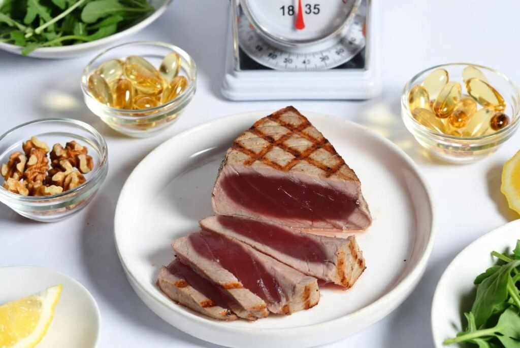 Grilled tuna fish steak with nutrition rich ingredients showing protein and omega 3 benefits
