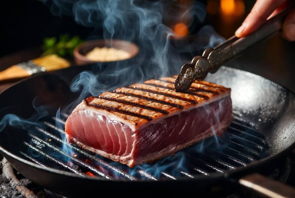 Searing tuna fish steak on a hot grill pan showing proper cooking technique