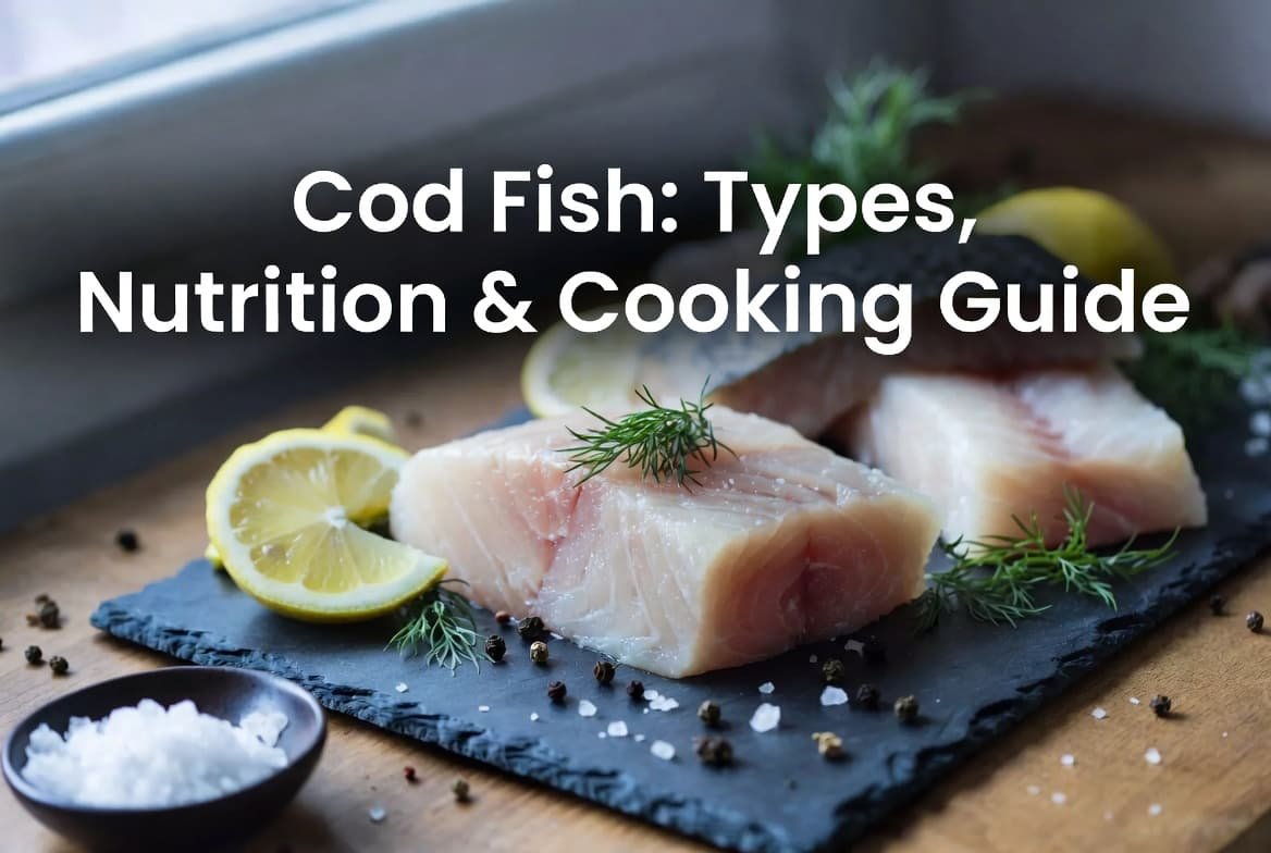 Fresh cod fish fillets with lemon and herbs on wooden board