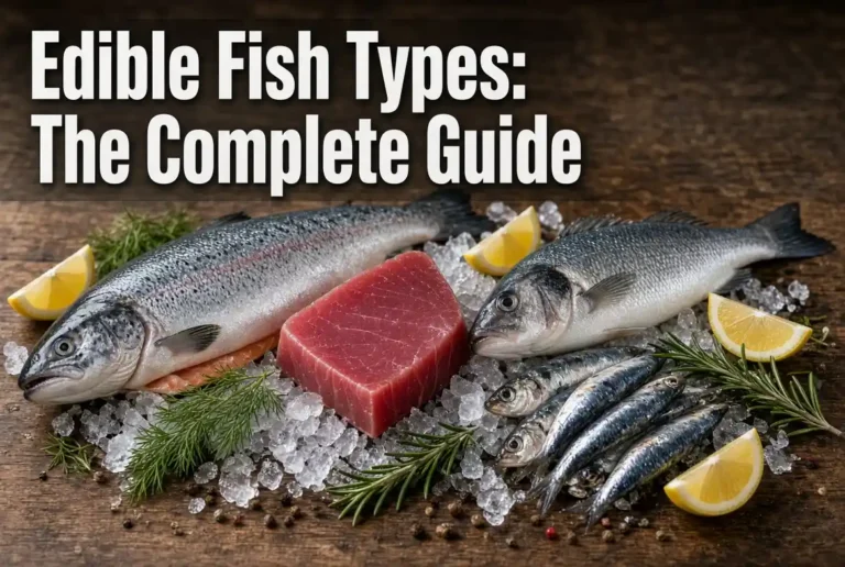 "Assorted edible fish types including salmon, tuna, and sea bass displayed on ice"