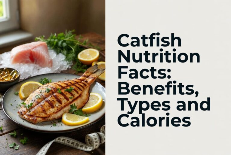 Catfish Nutrition Facts blog banner showing grilled catfish fillet with fresh herbs and lemon