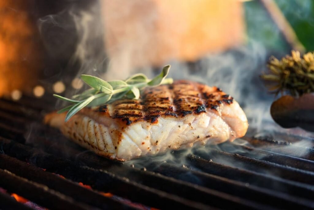 Grilled catfish fillet on a charcoal grill showing a healthy way to cook catfish