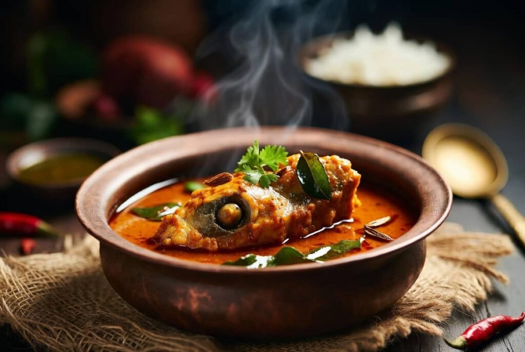 Traditional Catla fish curry macher jhol served with rice in a clay bowl