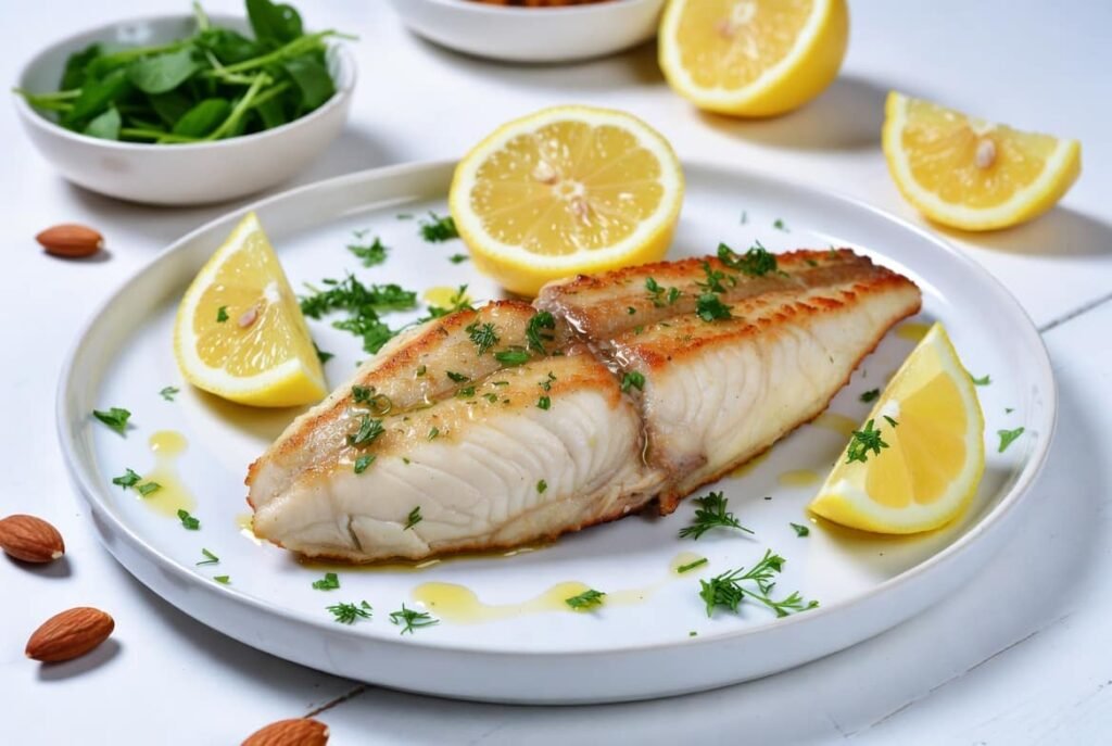Cooked yellow perch fillet with lemon and herbs representing high protein nutrition benefits
