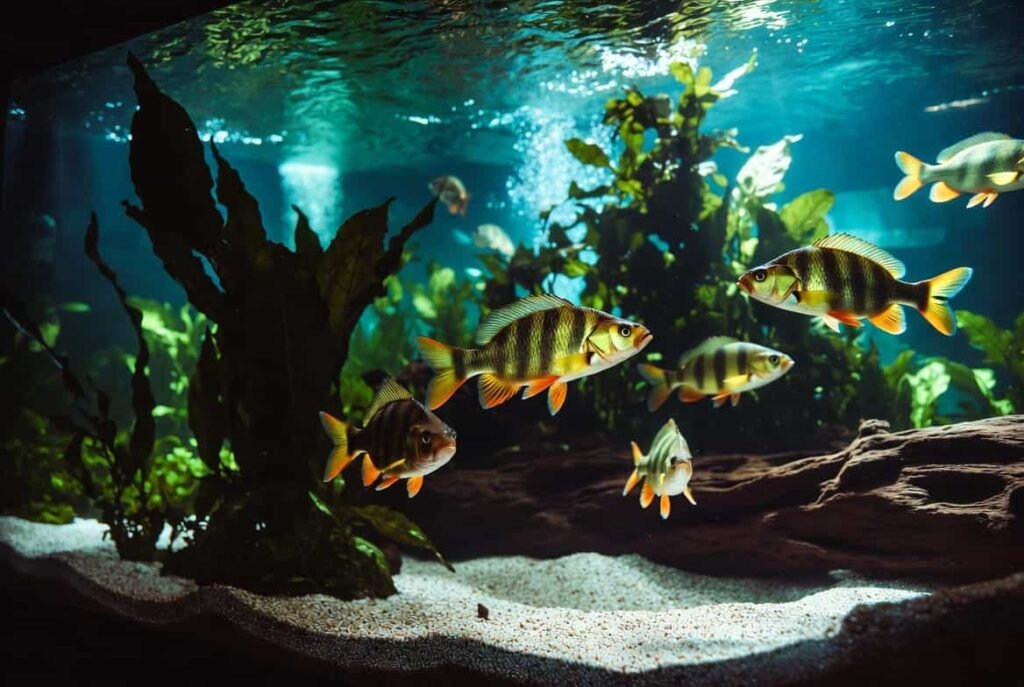 Yellow perch fish swimming in a cold water aquarium tank with plants and gravel substrate