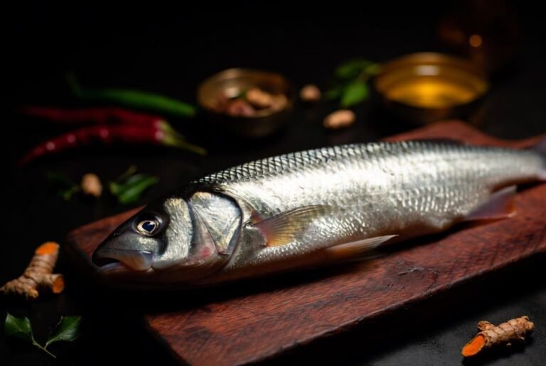 Dramatic dark and moody editorial food photography of a whole fresh Catla fish resting diagonally on a dark rustic wooden cutting board, shot from a slightly elevated three-quarter angle. The fish has shiny silver scales with a subtle pinkish sheen along the fins, clear bright eyes, broad head, and upward facing mouth, positioned to fill most of the lower two-thirds of the frame. Background is almost pure black and heavily blurred, with softly out-of-focus elements visible: whole red chilies, a green chili, fresh curry leaves, a small brass bowl filled with golden mustard oil and whole spices, and a few pieces of fresh turmeric root scattered nearby. Lighting is a single warm dramatic light source coming from the upper left, creating strong chiaroscuro contrast, rich highlights on the fish's scales and skin, and deep shadows fading into the black background. Color palette: near-black background, warm amber and gold highlights, deep reddish browns from the wood board, small pops of orange and red from the chilies and turmeric. Shot on a full frame DSLR, 50mm lens, f/2.8 aperture, shallow depth of field, photorealistic, ultra high detail, 8k resolution, high-end restaurant menu photography style. Leave clear, mostly dark and low-detail negative space in the upper third of the frame for title text overlay, keeping that area darker and less busy for text contrast. Aspect Ratio: 16:9 landscape, optimized for blog banner. Use ONLY bold sans-serif fonts such as: Montserrat ExtraBold, Poppins ExtraBold, Anton, League Spartan, Bebas Neue, Oswald Bold. Add the title text in the upper third of the image in clean bold cream or white typography with a subtle dark gradient overlay behind the text for readability, avoid covering the fish's face or eyes with text. Title text to display: "Catla Fish Nutrition and Benefits: Complete Guide"