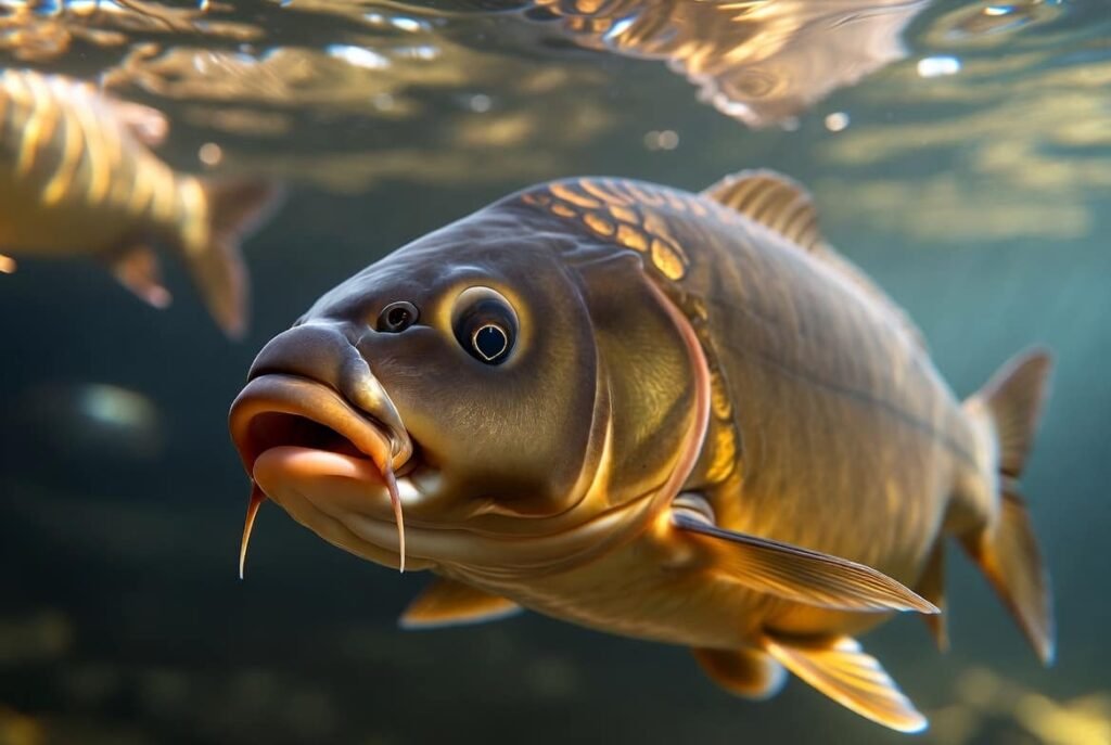 Close up of common carp head showing barbels and scale pattern for identification