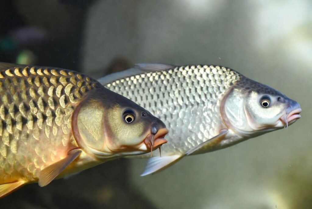 Common carp and grass carp side by side comparison showing body and barbel differences