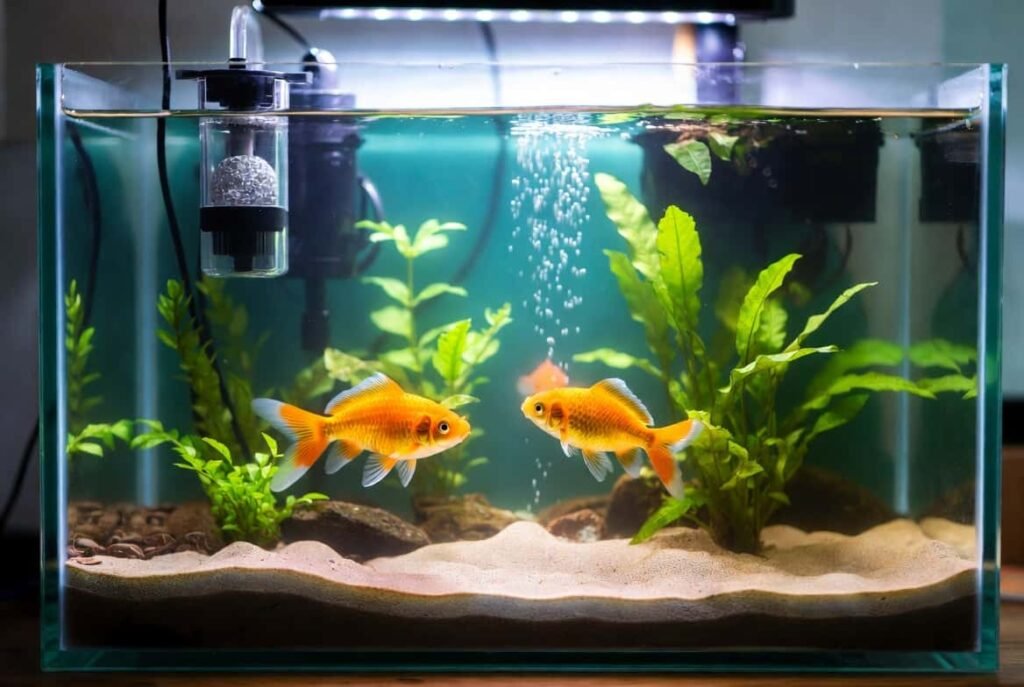 Properly sized goldfish aquarium setup with filtration, plants, and comet goldfish