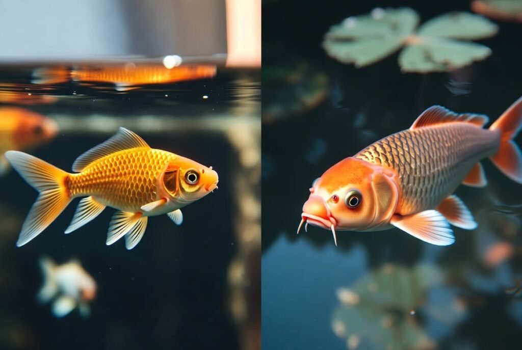 Goldfish and koi fish compared side by side showing size and barbel differences