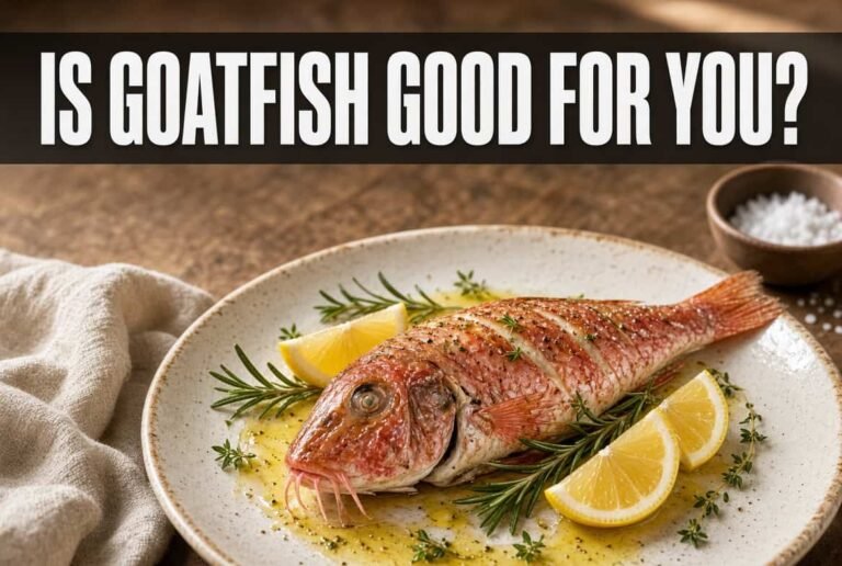 Whole grilled goatfish nutrition guide banner with lemon and herbs on rustic plate