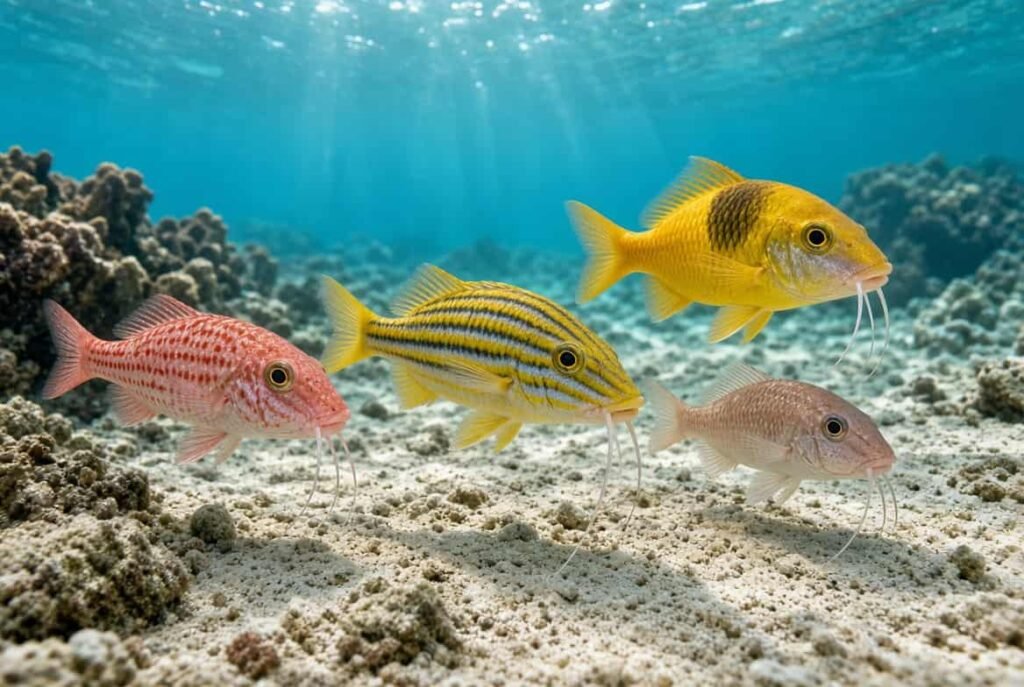 Different types of goatfish species swimming over a sandy coral reef