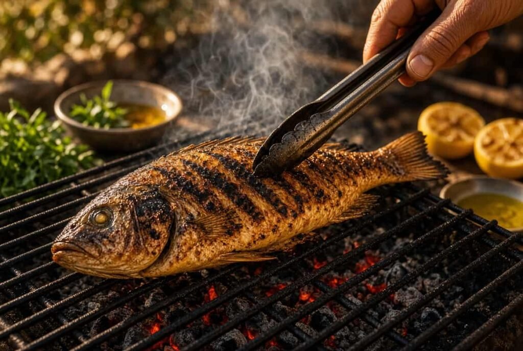 Grilling whole goatfish over charcoal with golden crispy skin and herbs