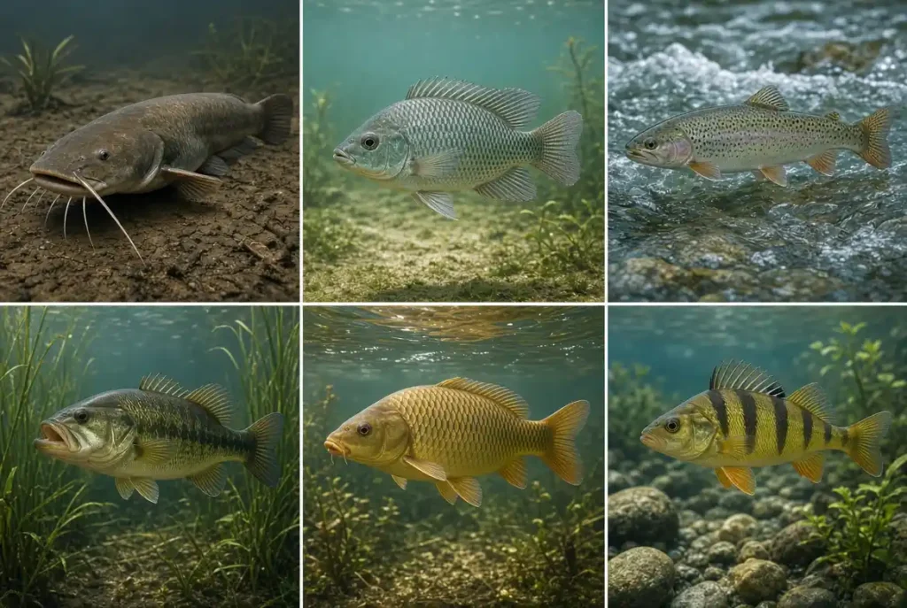 "Six common types of freshwater fish including Catfish, Tilapia, Trout, Bass, Carp, and Yellow Perch"