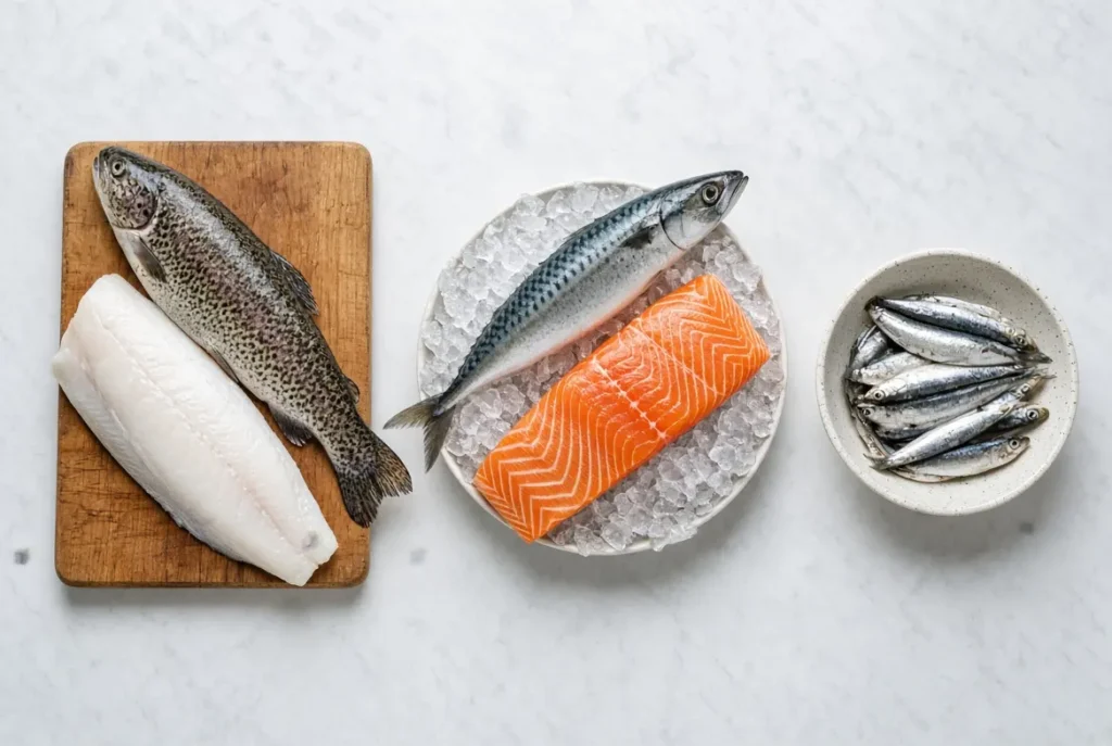 "Freshwater, saltwater, and small edible fish types arranged for comparison"