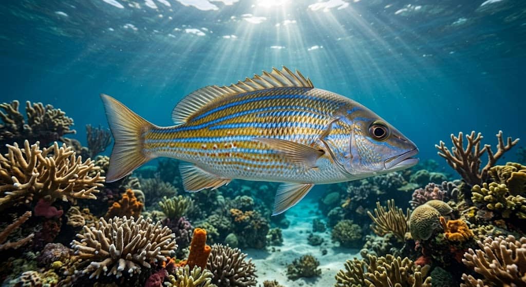 A healthy saltwater fish in its natural marine habitat, known for its nutritional value and culinary versatility.