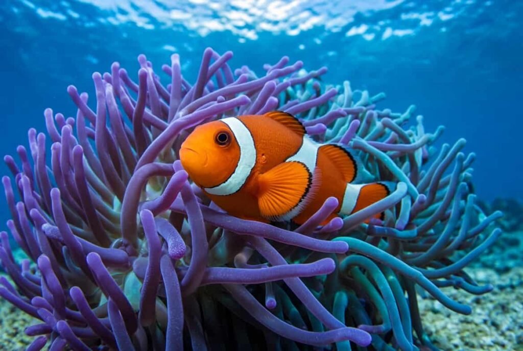 "Clownfish and sea anemone symbiotic relationship showing fish nestled among anemone tentacles"