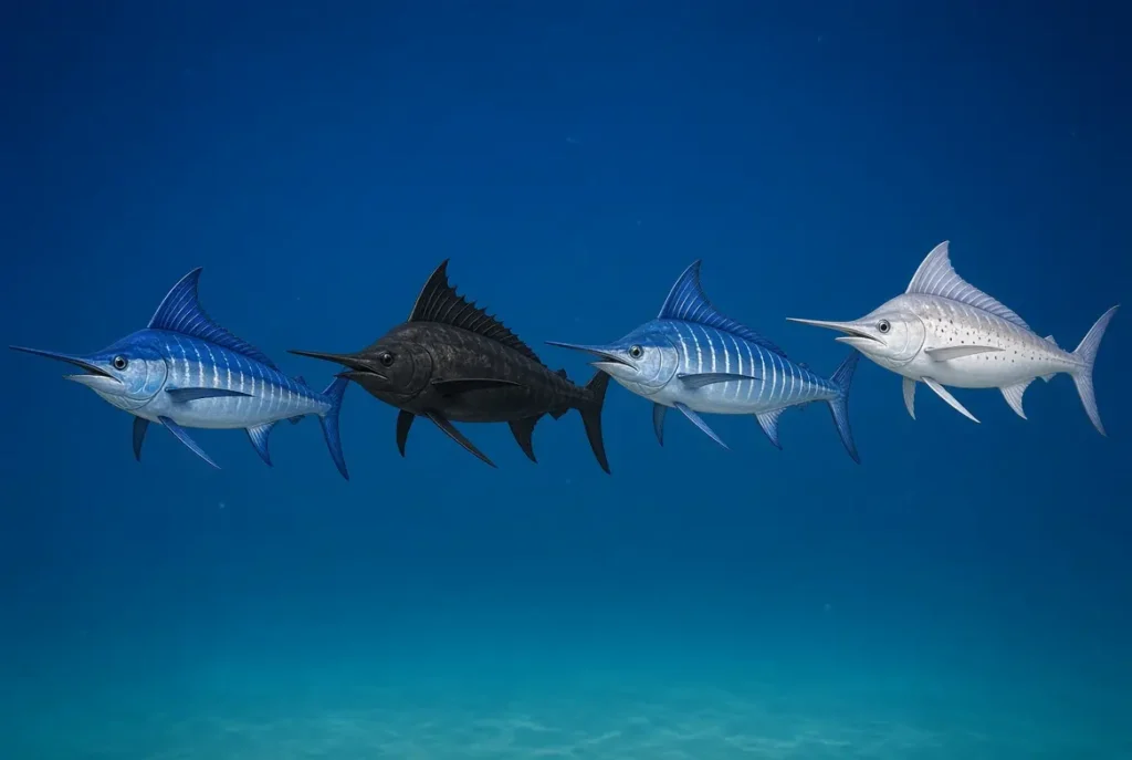 Four types of marlin fish compared: blue, black, striped, and white marlin