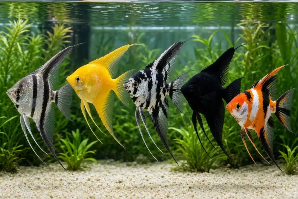 Different types of freshwater angelfish including koi, marble, black, and gold varieties