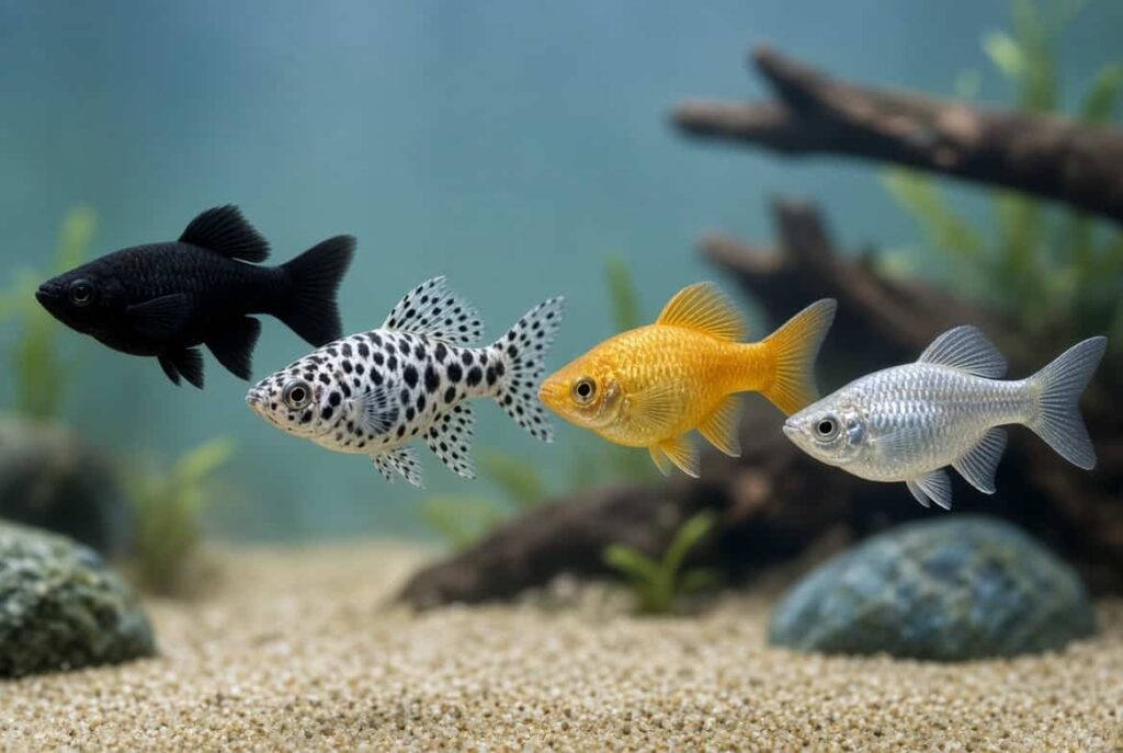 Different types of mollies fish including black, dalmatian, and silver varieties