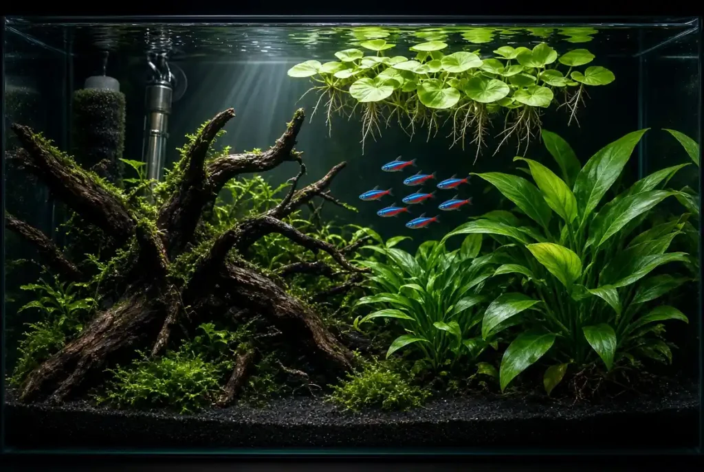 Planted freshwater aquarium tank setup for neon tetra fish