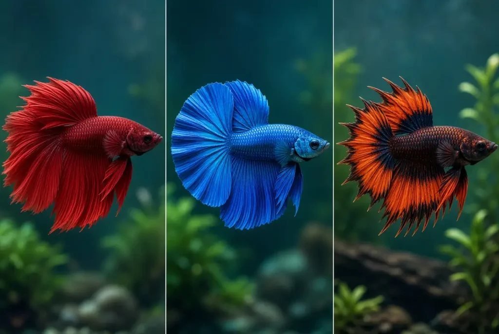 "Veiltail, halfmoon, and crowntail betta fish types compared side by side"