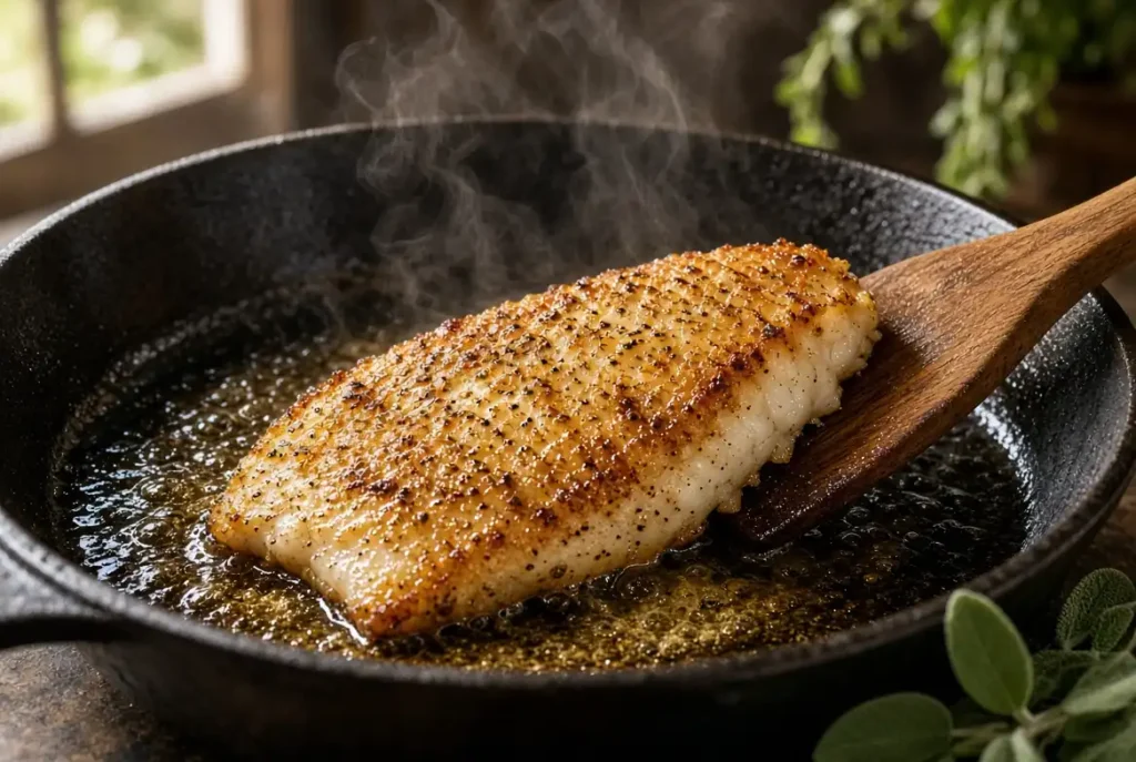 Basa fish fillet pan frying in cast iron skillet with golden brown crust