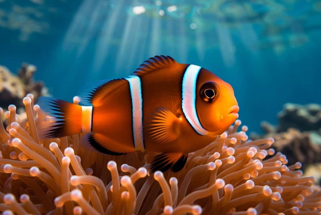 Clownfish swimming in a clean aquarium with vibrant colors Close-up of a fancy Clownfish showing flowing fins and bright colors Common Clownfish swimming in a garden pond with clear water