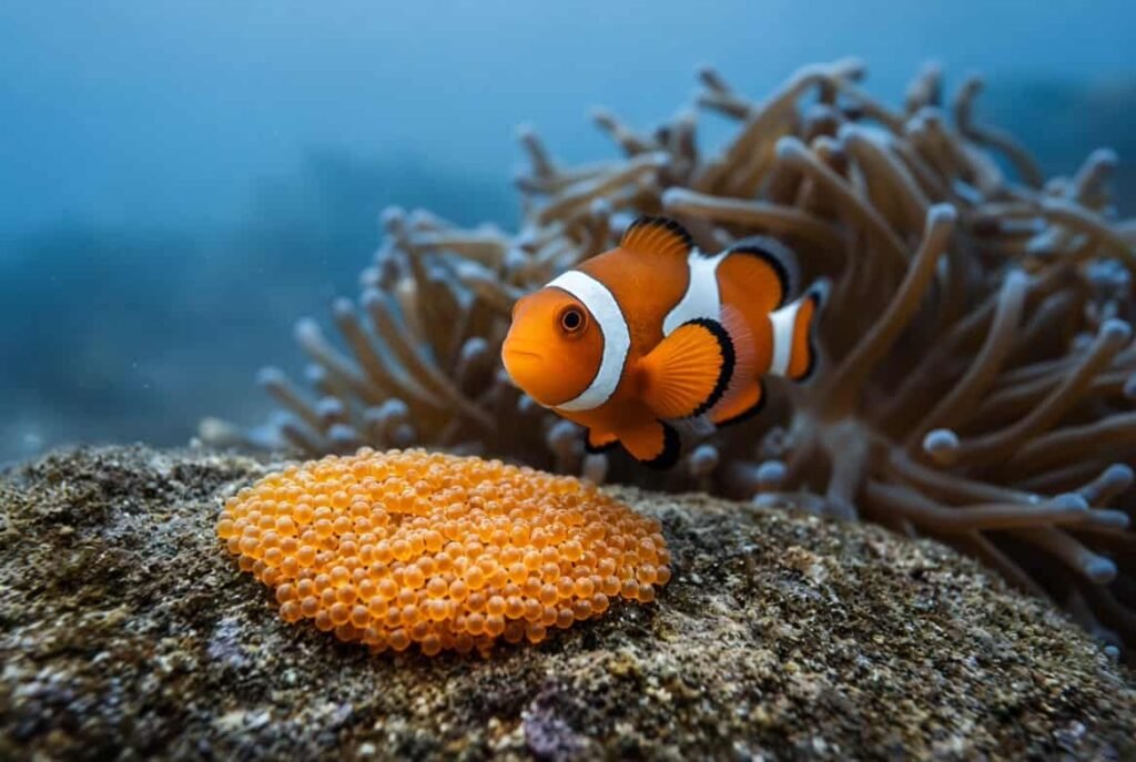 "Clownfish guarding a cluster of eggs near a sea anemone during the breeding process"